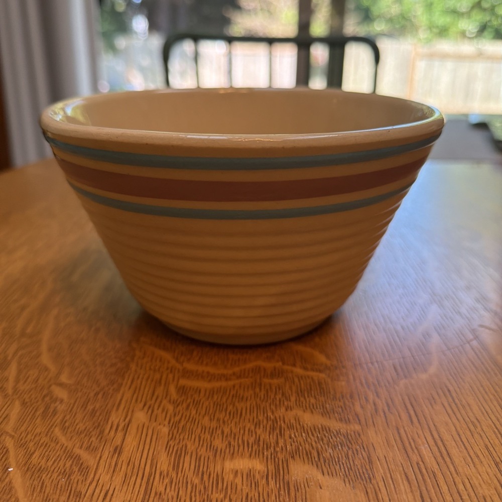 Vintage Watt Pottery #7 Pink Blue Stripe Mixing Bowl